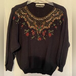 Black Embellished Beaded Sequined Christmas Holiday Sweater Vintage Dana Scott